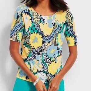 NWOT Talbots Knit Top Yellow Blue Floral Short Sleeve 100% Cotton Back Button